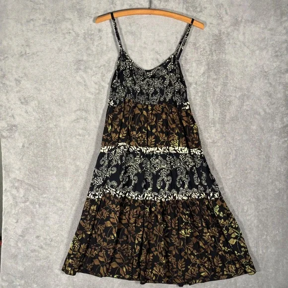 Santiki Tiered Midi Dress Women's Size L Floral Print Black Brown Bohemian Fairy - Picture 2 of 14